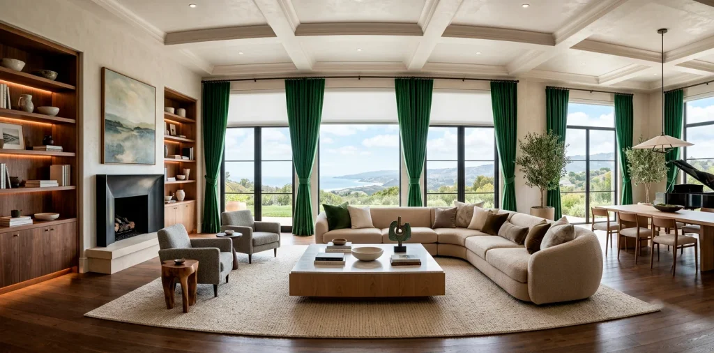 Breathtaking high-end living room featuring floor-to-ceiling emerald velvet drapes and modern window treatments.