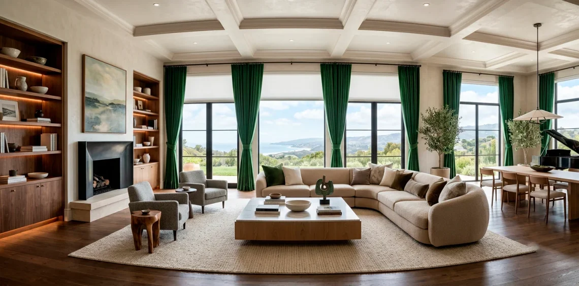 Breathtaking high-end living room featuring floor-to-ceiling emerald velvet drapes and modern window treatments.