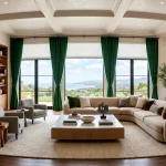 Breathtaking high-end living room featuring floor-to-ceiling emerald velvet drapes and modern window treatments.
