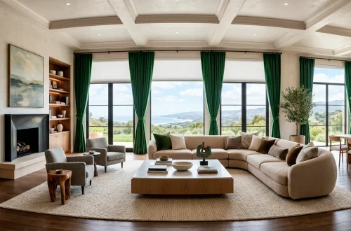 Breathtaking high-end living room featuring floor-to-ceiling emerald velvet drapes and modern window treatments.