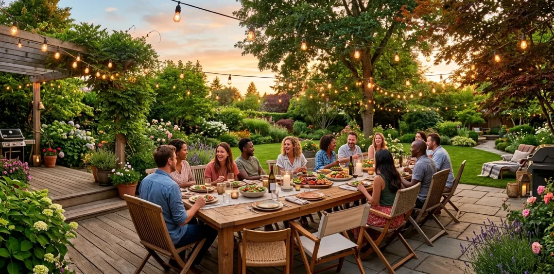Beautiful backyard patio featuring a wooden dining table and stylish space-saving folding outdoor chairs under warm string lights