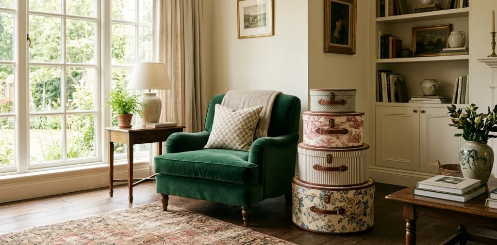 A beautiful living room featuring a stack of vintage-style hat boxes used as chic home decor next to a velvet armchair.