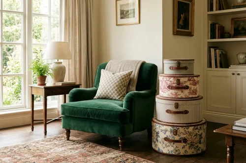 A beautiful living room featuring a stack of vintage-style hat boxes used as chic home decor next to a velvet armchair.