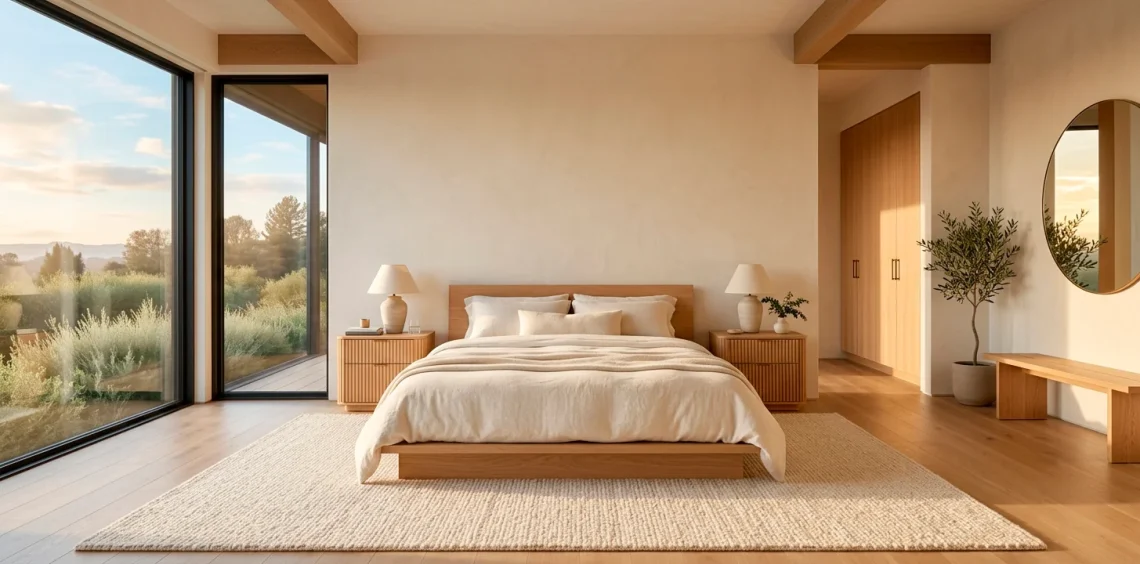 Panoramic view of a warm minimalist bedroom featuring a natural oak bed, cream linens, and limewashed walls.