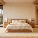 Panoramic view of a warm minimalist bedroom featuring a natural oak bed, cream linens, and limewashed walls.