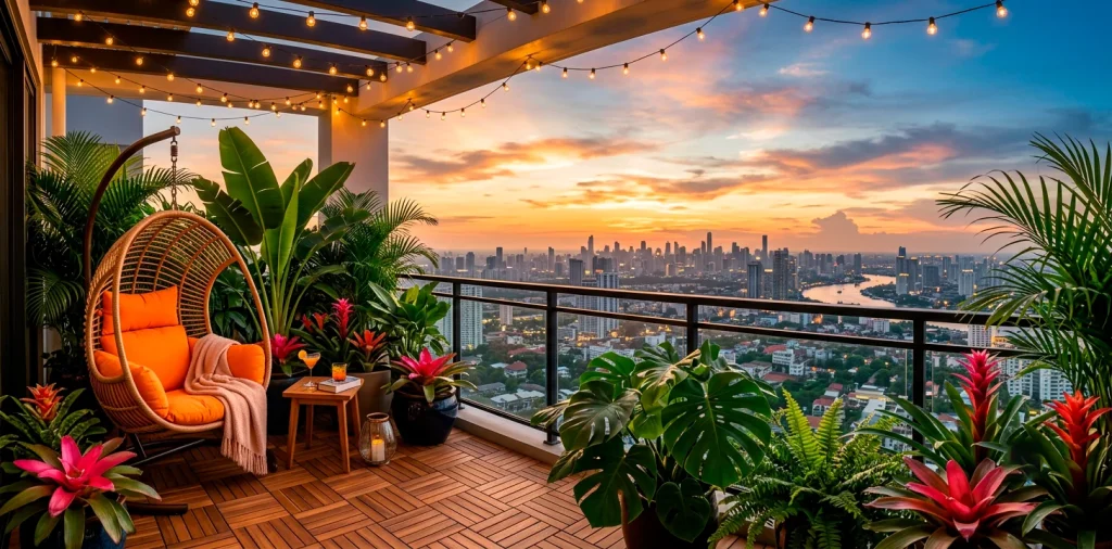 Lush tropical balcony garden with rattan furniture, large green plants, string lights, and city view at sunset