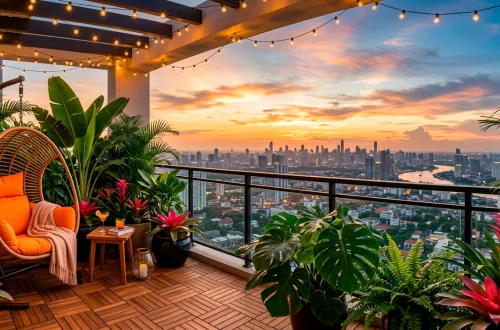 Lush tropical balcony garden with rattan furniture, large green plants, string lights, and city view at sunset