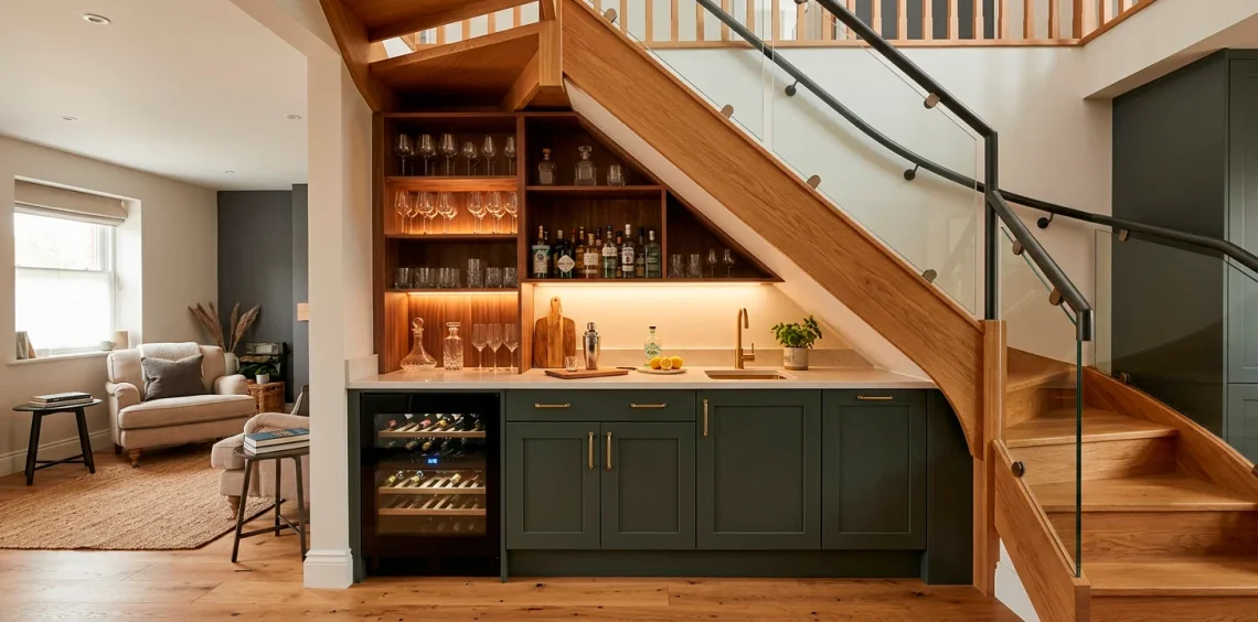Beautifully designed built-in mini bar under a modern wooden staircase with LED lighting and a wine fridge