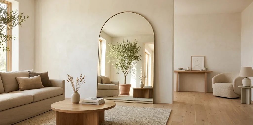 Large arched floor mirror leaning against a wall in a bright modern living room