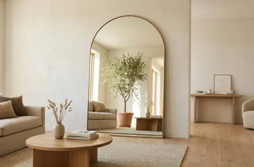 Large arched floor mirror leaning against a wall in a bright modern living room