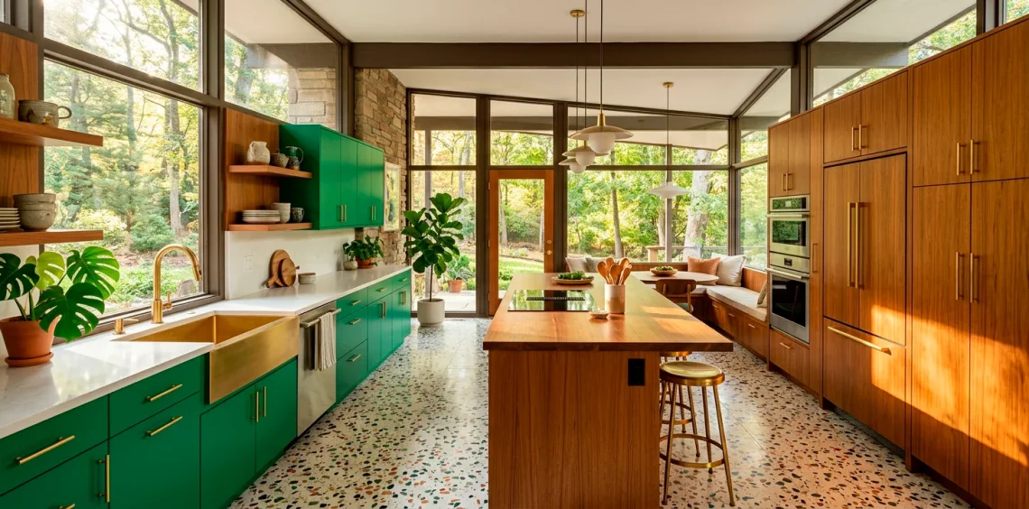 Wide panoramic view of a mid-century modern kitchen featuring emerald green cabinets and warm teak wood accents.