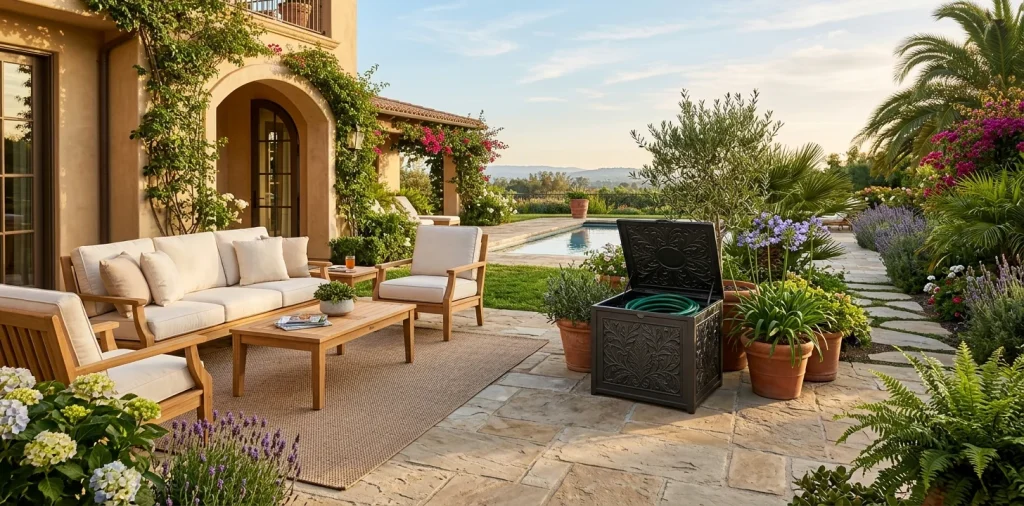 Elegant cast aluminum garden hose reel box looking like patio furniture surrounded by lush plants.