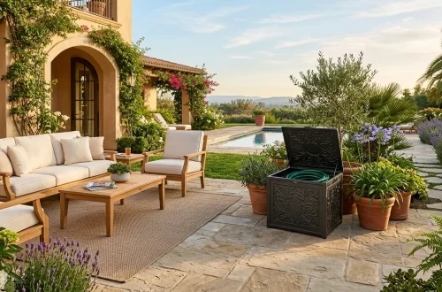 Elegant cast aluminum garden hose reel box looking like patio furniture surrounded by lush plants.