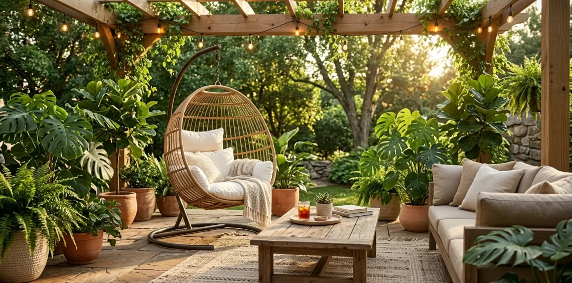 Luxurious outdoor patio featuring a cozy hanging rattan egg chair with white cushions