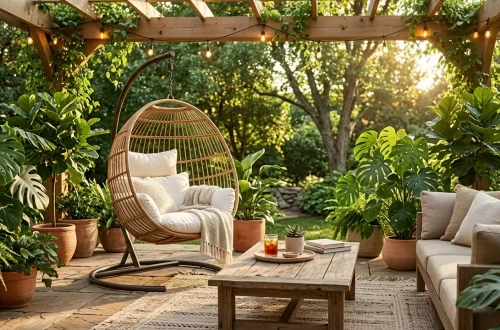 Luxurious outdoor patio featuring a cozy hanging rattan egg chair with white cushions