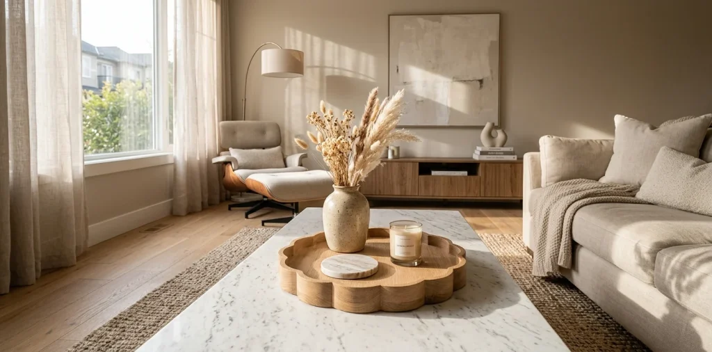 Wide view of a modern living room featuring a decorative wooden scalloped tray on a coffee table.