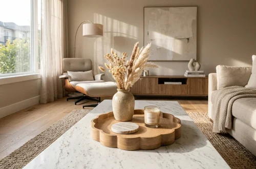 Wide view of a modern living room featuring a decorative wooden scalloped tray on a coffee table.