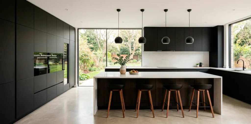 Luxurious seamless modern kitchen design featuring flat-panel cabinetry and a white quartz waterfall island.