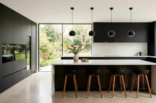 Luxurious seamless modern kitchen design featuring flat-panel cabinetry and a white quartz waterfall island.