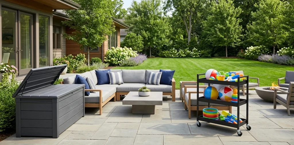 Beautifully organized modern backyard patio featuring a sleek resin deck box and a rolling utility cart for outdoor play items