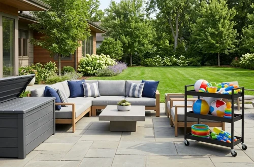 Beautifully organized modern backyard patio featuring a sleek resin deck box and a rolling utility cart for outdoor play items