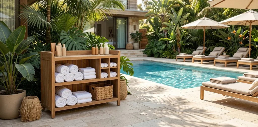 Chic poolside organizer holding rolled towels and sunscreen next to a bright blue backyard pool