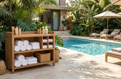 Chic poolside organizer holding rolled towels and sunscreen next to a bright blue backyard pool