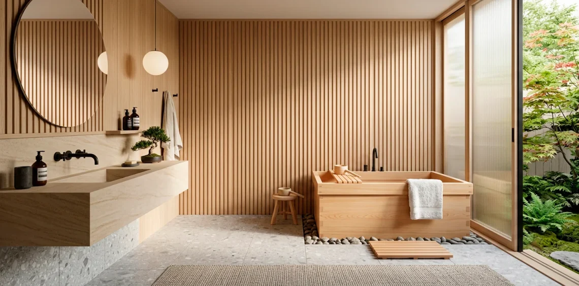 Wide view of a Japandi bathroom with a wooden soaking tub and minimal light oak decor