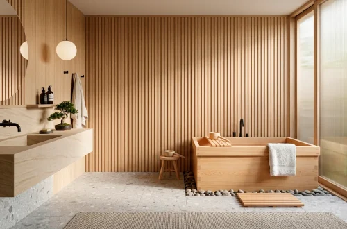 Wide view of a Japandi bathroom with a wooden soaking tub and minimal light oak decor
