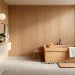 Wide view of a Japandi bathroom with a wooden soaking tub and minimal light oak decor