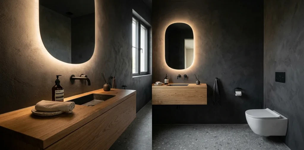 Luxurious minimalist modern powder room with a floating vanity and backlit mirror