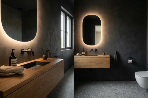 Luxurious minimalist modern powder room with a floating vanity and backlit mirror
