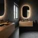 Luxurious minimalist modern powder room with a floating vanity and backlit mirror