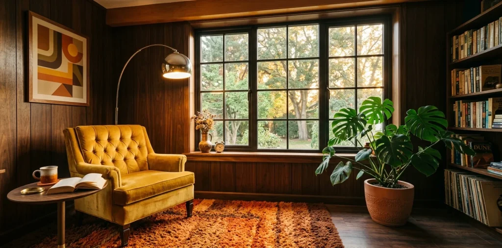 A cozy 1970s retro reading nook with a mustard yellow velvet chair, wood paneling, and an orange shag rug in warm lighting.