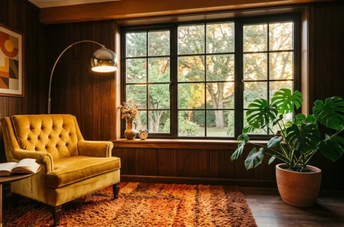 A cozy 1970s retro reading nook with a mustard yellow velvet chair, wood paneling, and an orange shag rug in warm lighting.