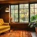 A cozy 1970s retro reading nook with a mustard yellow velvet chair, wood paneling, and an orange shag rug in warm lighting.