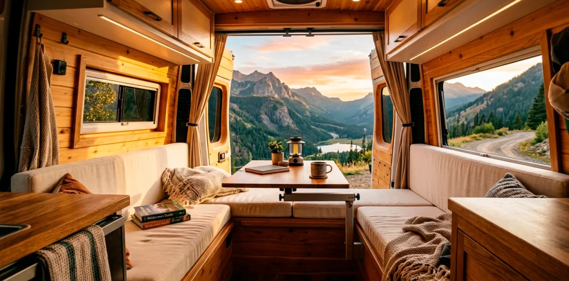 Cozy van interior featuring a U-shaped dinette with wooden panels and cream cushions during golden hour.