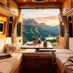 Cozy van interior featuring a U-shaped dinette with wooden panels and cream cushions during golden hour.