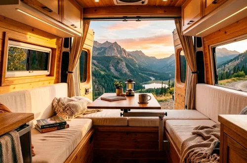 Cozy van interior featuring a U-shaped dinette with wooden panels and cream cushions during golden hour.
