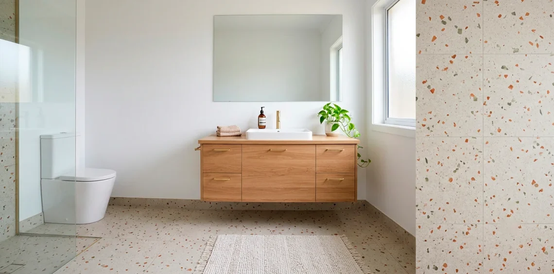 Small modern bathroom featuring large format terrazzo tiles, a floating oak vanity, and brass hardware in a minimalist layout.
