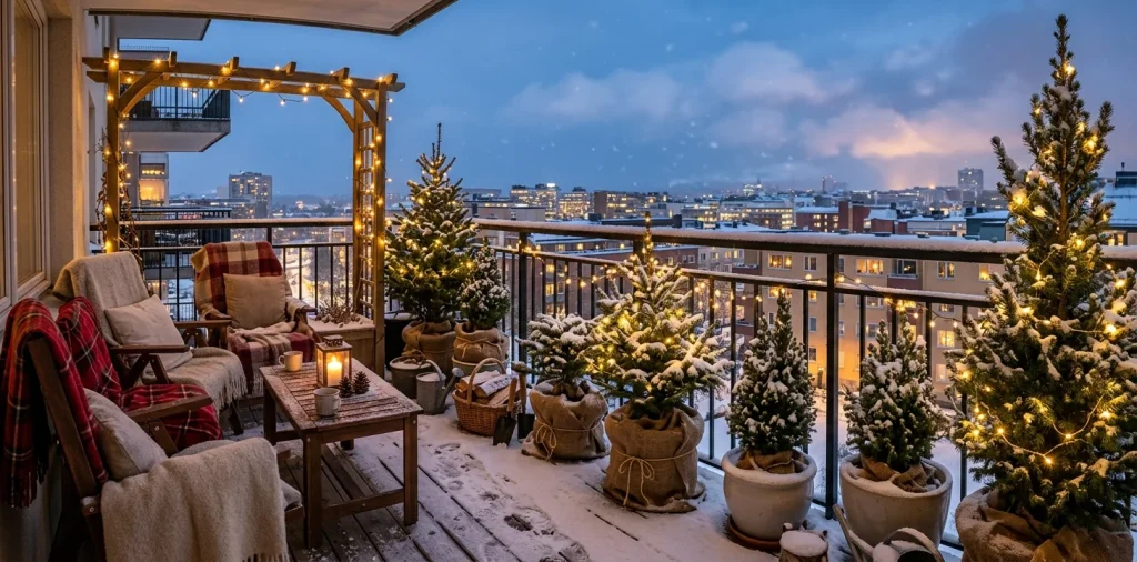 A cozy snow-covered urban balcony with potted evergreens wrapped in burlap and glowing string lights for winter.