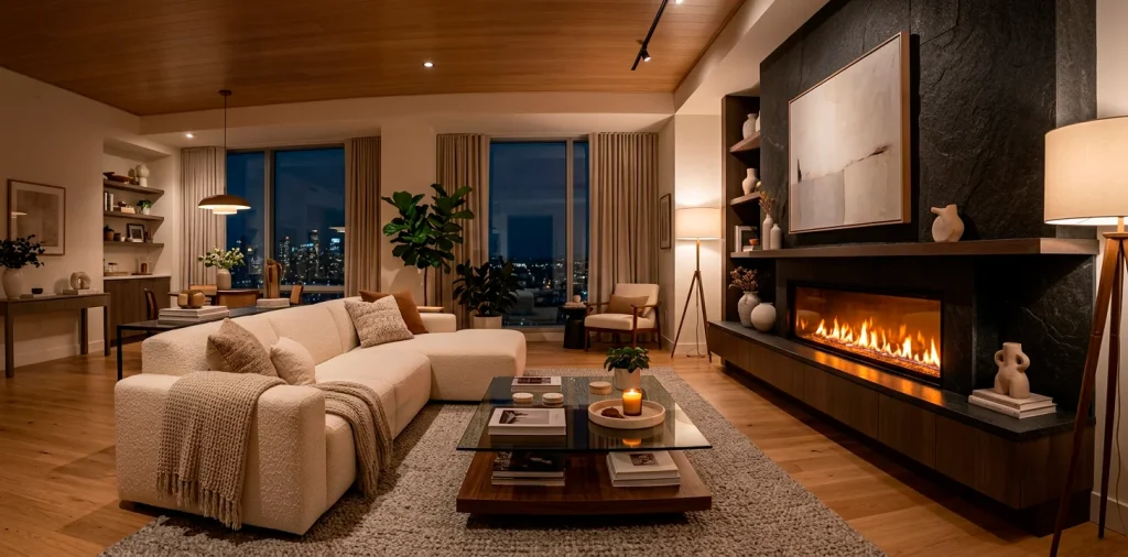 Modern electric fireplace glowing in a cozy stylish apartment living room evening setting.