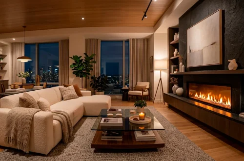 Modern electric fireplace glowing in a cozy stylish apartment living room evening setting.