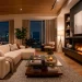 Modern electric fireplace glowing in a cozy stylish apartment living room evening setting.