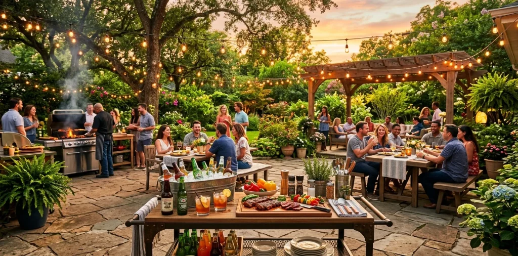 Beautiful outdoor serving cart loaded with drinks on a sunny patio