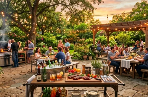 Beautiful outdoor serving cart loaded with drinks on a sunny patio