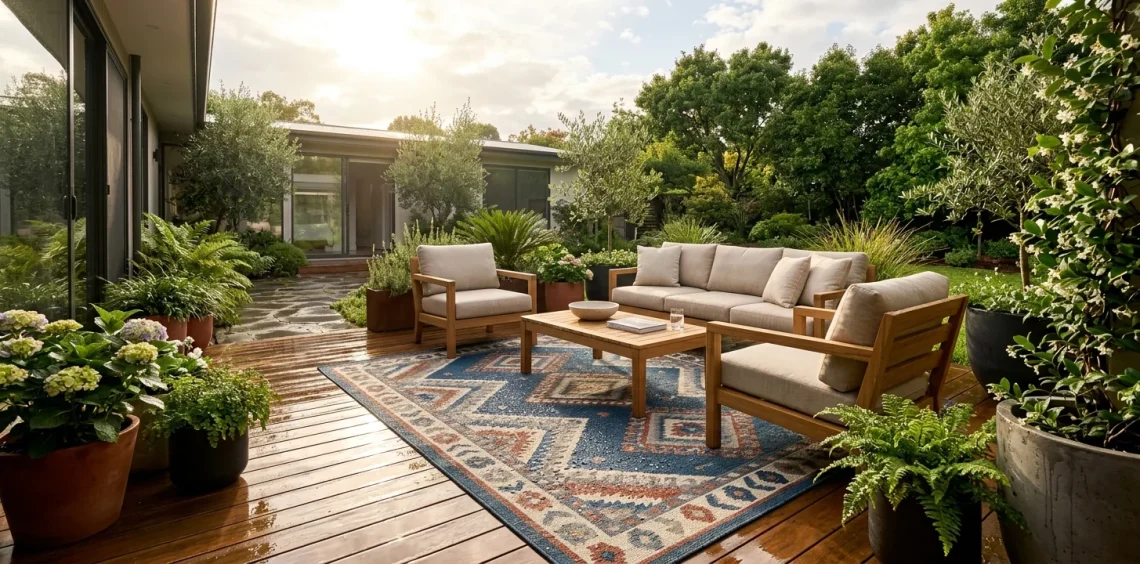 A beautiful patio featuring a weather-resistant outdoor rug handling rain and bright sun perfectly.