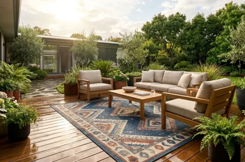 A beautiful patio featuring a weather-resistant outdoor rug handling rain and bright sun perfectly.