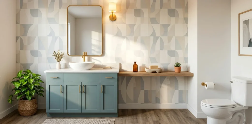 Modern budget-friendly powder room featuring green peel-and-stick wallpaper and a gold mirror.