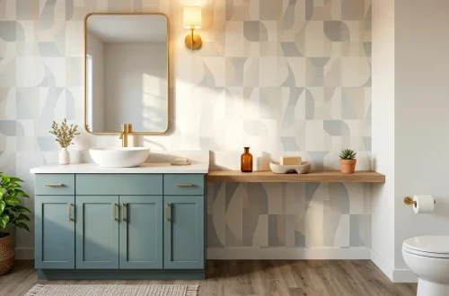 Modern budget-friendly powder room featuring green peel-and-stick wallpaper and a gold mirror.